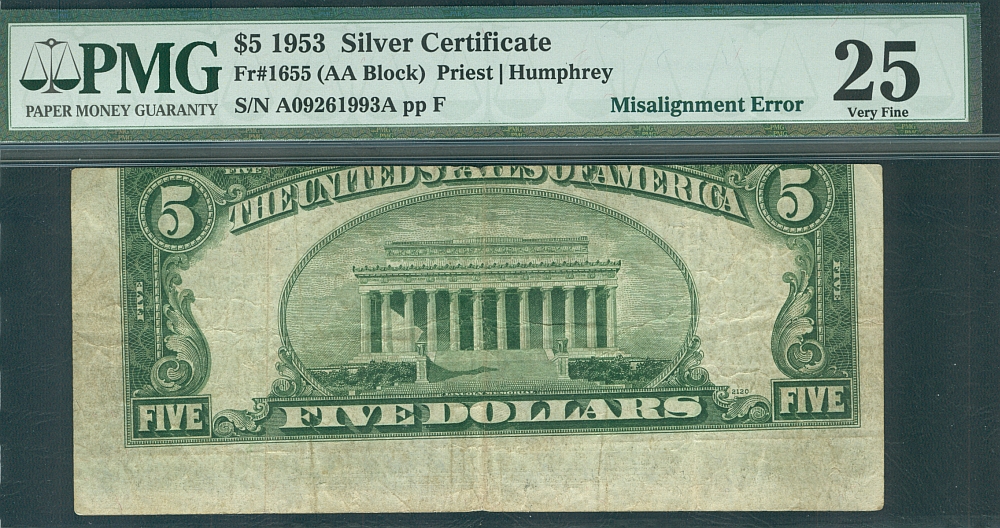 Misalignment Error Note, 1953 $5 Silver Certificate, Fr.1655, A09261993A, VF, PMG-25